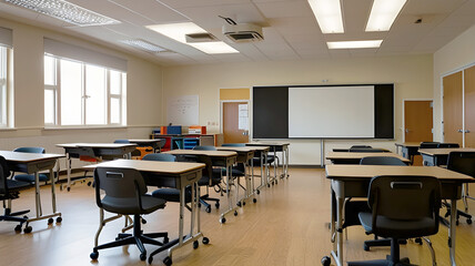 Classroom with Rows of Desks and Chairs, Featuring a Projector Screen at the Front: Ideal for Depicting Educational or Training Settings