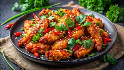 Fototapeta premium Vibrant colors of spicy Korean-style fried chicken tenders arranged artfully on sleek black plate garnished with fresh green cilantro leaves.
