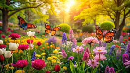 Obraz premium Vibrant colors abound in a serene springtime garden, where delicate butterflies dance among blooming flowers and lush green foliage sways gently.