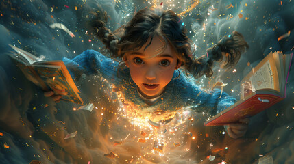 Little girl floating in the universe reading a glowing book