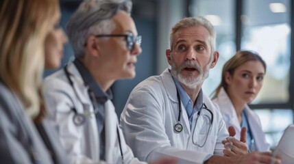 A group of three doctors in a hospital meeting room, one of them is speaking during a medical discussion