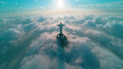 Majestic sunrise over a sea of clouds with the iconic Christ the Redeemer statue, symbolizing faith and tranquility.