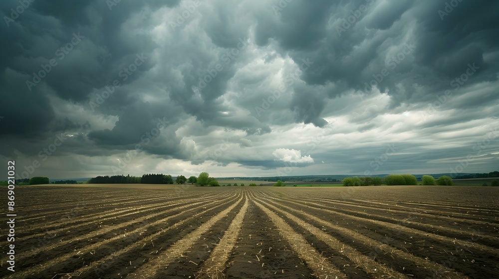 Wall mural dark clouds over a field where farmers