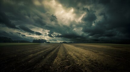 Dark clouds over a field where farmers picture