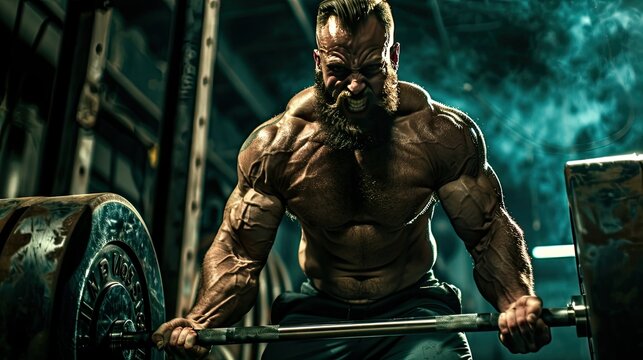 Powerlifter Strains Muscles During Intense Weightlifting Workout in Gritty Vintage Style Gym