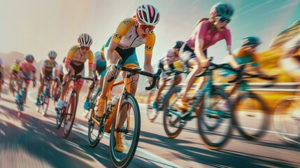 Dynamic Female Cyclists Riding in Intense Cycling Race on Open Road