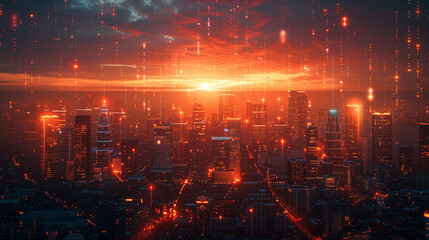 Naklejka premium sunset over the Digital background city