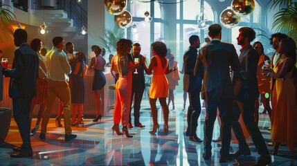 Stylish Individuals Engaged in Lively Social Gathering with Upbeat Ambiance