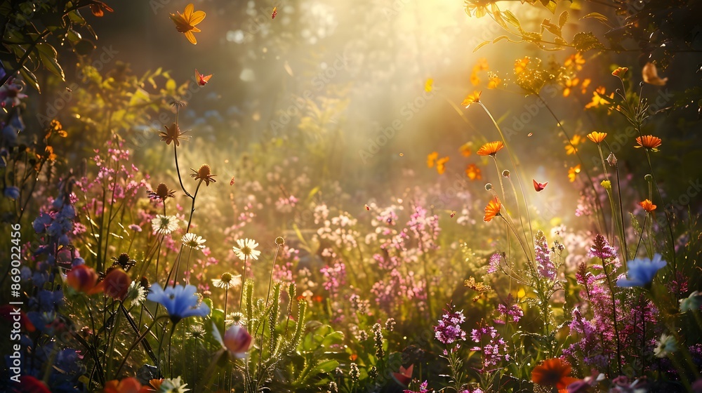 Poster spring morning in a meadow where flowers picture