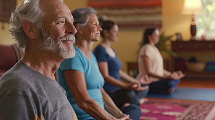 Fototapeta premium Serene Seniors Exploring Gentle Yoga Practices in Tranquil Living Space