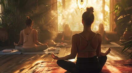 Serene Yogis Radiating Tranquility in Cozy Nook with Filtered Lighting and Natural Textures