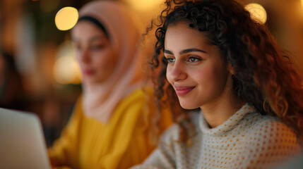 Fototapeta premium two young women, one Middle Eastern with a hijab and the other with long curly hair, collaborating over a laptop in a cozy café