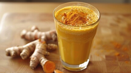 A glass of yellow liquid with a yellow powder on top. The glass is on a wooden table