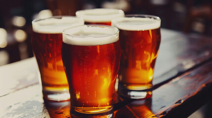 Lager beer glasses on wooden table.