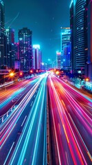 Fototapeta premium Vibrant City Highway at Night with Fast-Moving Vehicles and Glowing Headlights. Dynamic Metropolis Showcasing Energy and Motion, AI-Generated High-Resolution Wallpaper，Technology, night city skyline, 