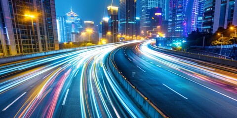 Fototapeta premium Vibrant City Highway at Night with Fast-Moving Vehicles and Glowing Headlights. Dynamic Metropolis Showcasing Energy and Motion, AI-Generated High-Resolution Wallpaper，Technology, night city skyline, 