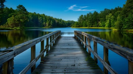 Naklejka premium A wooden bridge leading across a wide