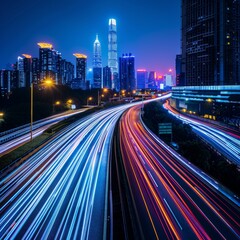 Naklejka premium Vibrant City Highway at Night with Fast-Moving Vehicles and Glowing Headlights. Dynamic Metropolis Showcasing Energy and Motion, AI-Generated High-Resolution Wallpaper，Technology, night city skyline, 