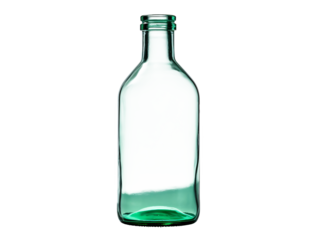 a clear glass bottle with a green cap