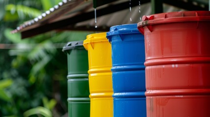Colorful plastic water barrels under dripping roof, storing rainwater, vivid colors, detailed textures, practical and vibrant setup