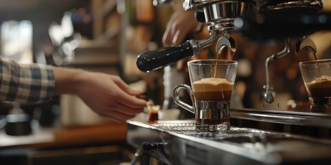An espresso is being brewed into a clear glass cup using a professional-grade coffee machine, capturing the essence of barista skill and the charm of cafe culture.