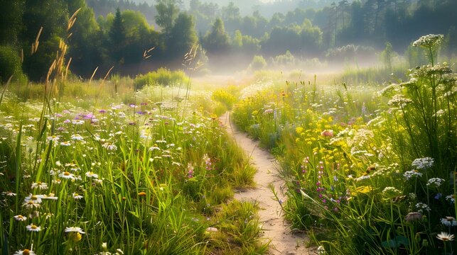 A path leading through a flowering meadow picture