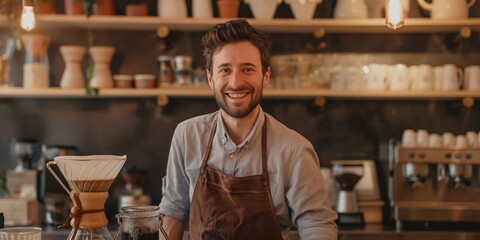 Fototapeta premium A smiling barista wearing a brown apron is preparing a fresh brew in a cozy cafe, surrounded by coffee equipment and a neatly organized workspace, exuding warmth and skill.