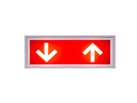 a red sign with arrows pointing up