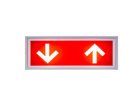 a red sign with arrows pointing up