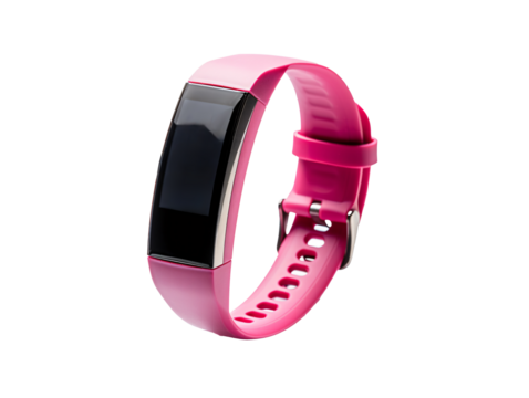 a pink smart watch with a black screen