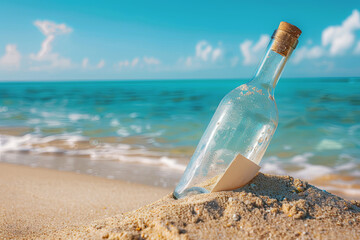 Message in a bottle on a sandy beach, mysterious note