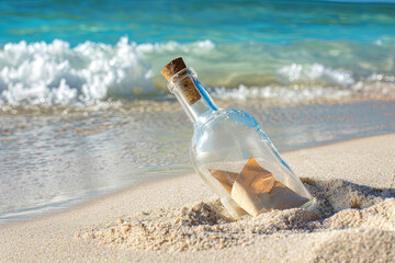 Message in a bottle on a sandy beach, mysterious note