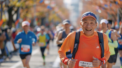 マラソン 笑顔で走る高齢者