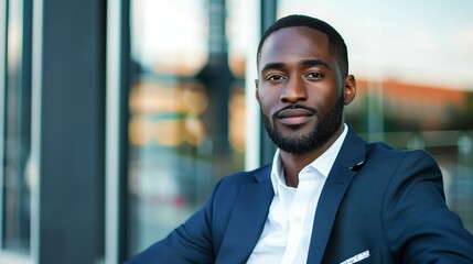 Fototapeta premium African American man with short hair and a beard, wearing a stylish suit, sitting outside a modern glass office building