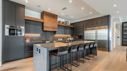 Kitchen with matte gray cabinets and wood image
