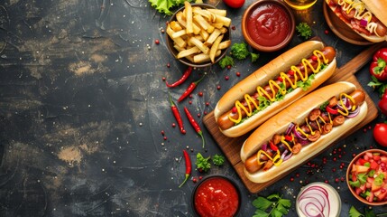 Gourmet hot dogs with toppings and sides on a rustic table