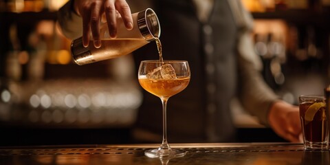 A bartender is expertly pouring a finely crafted cocktail into an elegant coupe glass, showcasing the sophistication and attention to detail in creating a refined beverage experience.