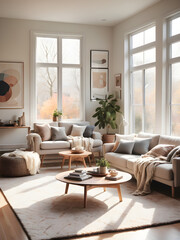 Fototapeta premium A bright and cozy living room with modern furniture, a soft rug, and large windows letting in natural light.