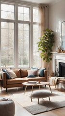 Fototapeta premium A bright and cozy living room with modern furniture, a soft rug, and large windows letting in natural light.