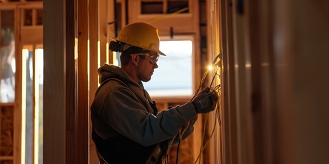An electrician wearing a helmet works on wiring inside a building. The light on the helmet illuminates the workspace, showcasing the precision and care involved.