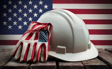 Fototapeta premium Hard Hat And Work Gloves With American Flag, Top view Background. Labor Day content. Ai generative