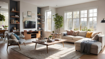 A bright and cozy living room with modern furniture, a soft rug, and large windows letting in natural light.