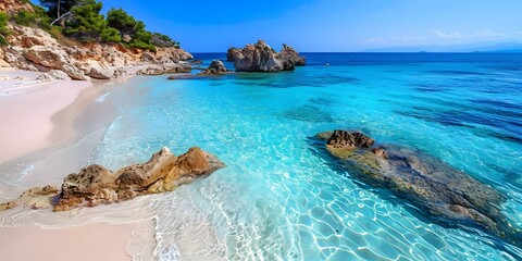 rocks in the clear blue ocean water with white sand beach
