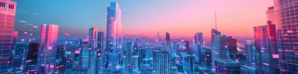 Fototapeta premium Low Angle View of Ultra-High Tower with Blue and Pink Gradient Neon Lights and Holographic Wireframe, 3D Technology Night City Skyline, Showcasing Vibrant Metropolis Energy and Motion, AI-Generated Hi