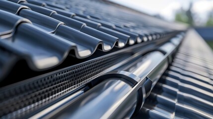 Roof texture with prominent water drainage pipe, pipe attached to a house, detailed shingles, realistic and practical appearance