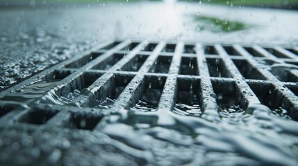 Storm drain on a city street, heavy rainwater flowing rapidly, detailed pavement, urban setting, dramatic and realistic