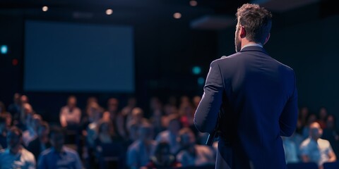 A businessman in a blue suit is speaking to an audience from a stage, with attendees seated and listening, indicating a professional conference or seminar setting.