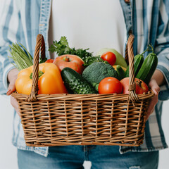 Hands holding a basket of colorful fruits and vegetables. Perfect for content related to nutrition, gardening, and local produce