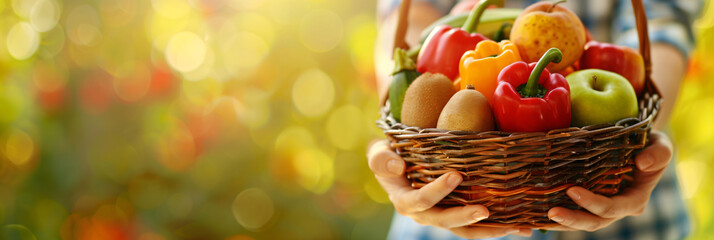 Hands holding a basket of colorful fruits and vegetables. Perfect for content related to nutrition, gardening, and local produce