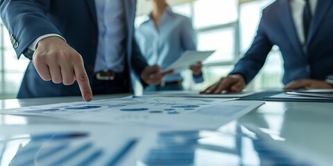 A group of professionals engaged in a discussion about data, with one person pointing at printed charts and graphs spread out on a conference table.
